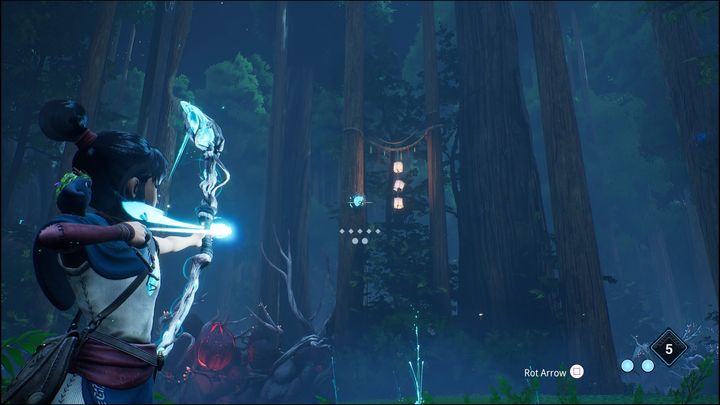 Once you reach the corrupted flower by jumping over the traps, you will have to shoot three times at the blue crystals on the trees - Kena Bridge of Spirits: Hunter Path - walkthrough - Walkthrough - Kena Bridge of Spirits Guide