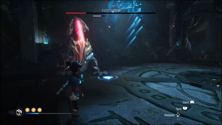 When you see that Rot Eater is close by and raises his neck, then it is a good idea to move away from it - at close range, you can receive damage from a fired projectile - Kena Bridge of Spirits: Rot Eater - boss, how to defeat? - Bosses - Kena Bridge of Spirits Guide