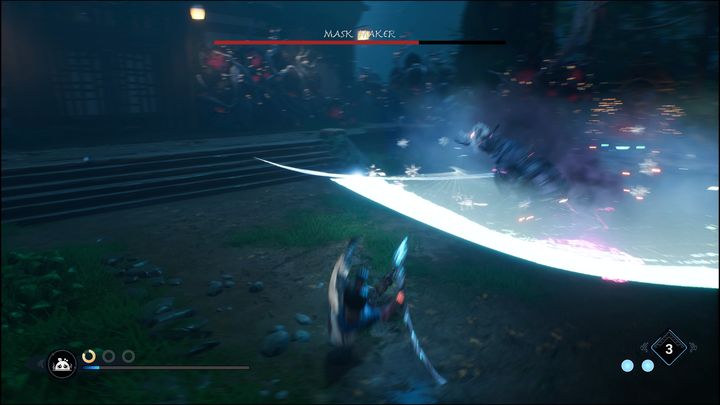 Usually the first attack used by the boss consists of teleporting next to your character and quickly slashing at you with his sword - Kena Bridge of Spirits: Mask Maker - boss, how to beat? - Bosses - Kena Bridge of Spirits Guide