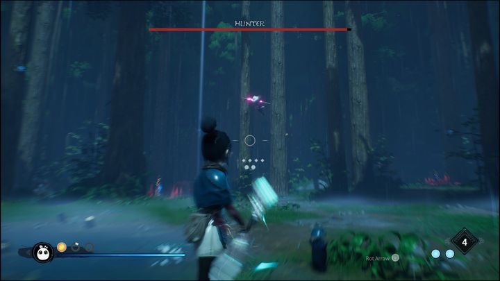 Hitting the Hunter isn't easy, as whenever he's not attacking, he will start evading sideways as soon as you aim your crosshair at him - Kena Bridge of Spirits: Hunter - boss, how to beat? - Bosses - Kena Bridge of Spirits Guide