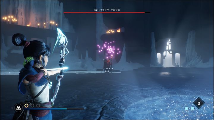 One of Corrupt Toshi's attacks involves raising his staff and then striking the ground with it, which creates a barrier that will surround the entire arena - Kena Bridge of Spirits: Corrupt Toshi - boss, how to beat? - Bosses - Kena Bridge of Spirits Guide
