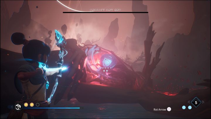 When the boss's health bar drops to zero, you will need to cleanse his flower, which is located on his chest - Kena Bridge of Spirits: Corrupt Rot God - boss, how to beat? - Bosses - Kena Bridge of Spirits Guide