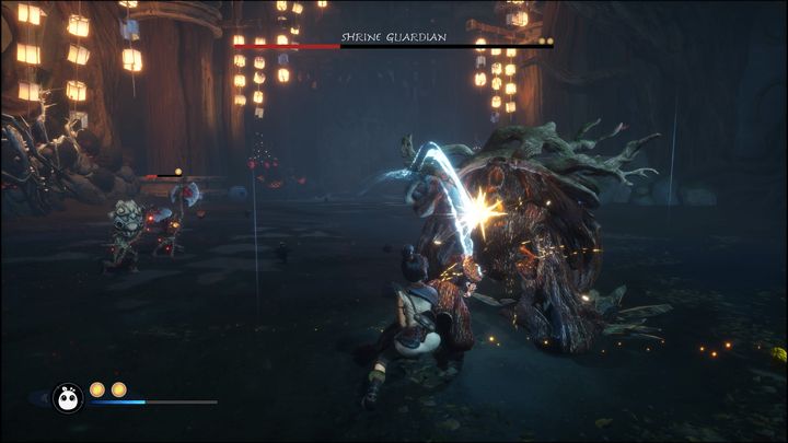 Once you destroy the flower on its back, you'll be able to stun the boss with Rot - Kena Bridge of Spirits: Shrine Guardian - boss, how to beat? - Bosses - Kena Bridge of Spirits Guide