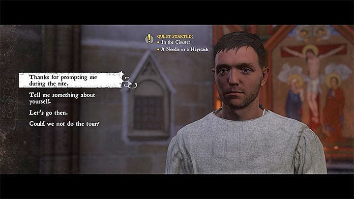 After watching the scene in the chapel, you will be greeted by Novice Antonius, from whom you will receive the book called Everyday Labours (more on the plan of the day and the necessity to follow it can be found further in the chapter) - Kingdom Come Deliverance: A Needle in a Haystack - Kingdom Come Deliverance: Main quests - Kingdom Come Deliverance Game Guide