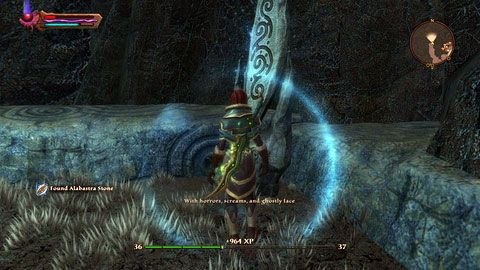 The stone stand next to the road connecting High Fulgen and Shadow Pass - Winter - p. 1 | Detyre, Klurikon and Alabastra Lorestones - Lorestones - Kingdoms of Amalur: Reckoning Game Guide & Walkthrough