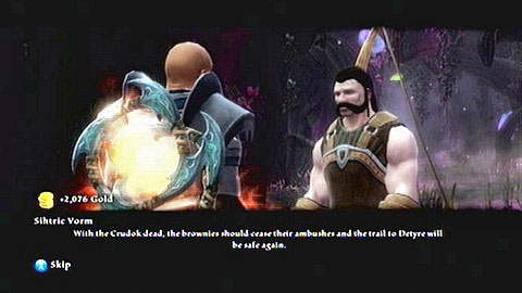 With the monster dead, Sihtric will give you the prize and thank for completing the mission - Kingdoms of Amalur Reckoning: The Sidhe - Walkthrough - Side missions - Kingdoms of Amalur: Reckoning Game Guide & Walkthrough