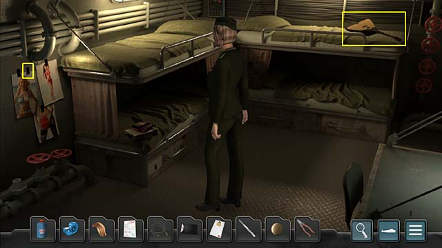 Go to sailors quarters and look at the posters on the left wall - Chapter 3 - The murder of Osip Gerasimov - Undercover Missions: Operation Kursk K-141 - Game Guide and Walkthrough