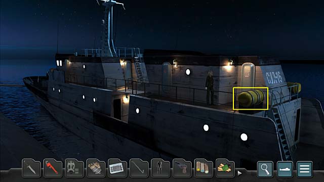 Get outside and use the rope with the greenish life raft container - Chapter 9: Interrogation - Undercover Missions: Operation Kursk K-141 - Game Guide and Walkthrough