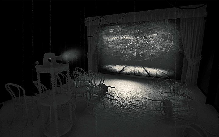 You will reach the room with the projector soon after the hero successfully hides in the cabin from the monster - The second projector riddle | Layers of Fear 2 Riddle Solutions - Act 2 - The Hunt - Layers of Fear 2 Guide