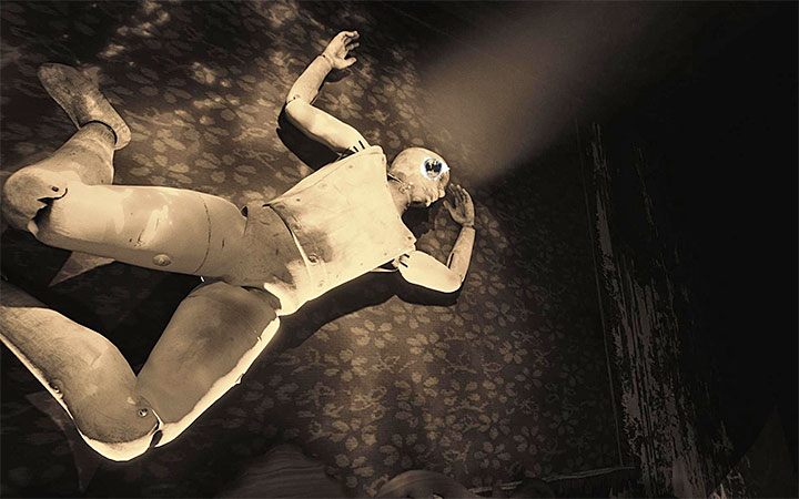 Stand on the bed, over which hangs a mannequin, and use the torn page on it - Bedroom | Layers of Fear 2 walkthrough - Act 3 - Bloody Roots - Layers of Fear 2 Guide