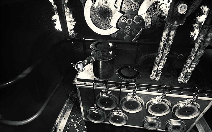 Go through the passage on the left - it leads to a door, a ladder, and to a room with a puzzle involving gears - The area with machines and a clock | Layers of Fear 2 walkthrough - Act 2 - The Hunt - Layers of Fear 2 Guide