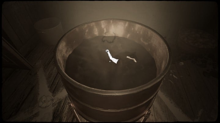 After collecting all the body parts from the room behind the kitchen, add them to the pot boiling over the fire - Layers of Fear 2023: Actors Story - Walkthrough - Layers of Fear 2023 Guide