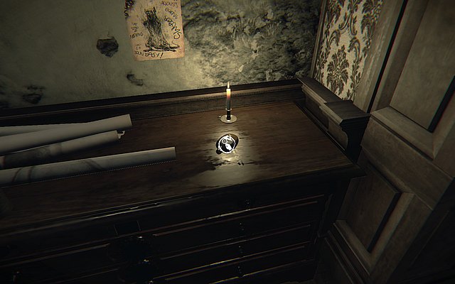 Episode 3 - in the first room with the canvas, after picking up the bottle lying on the commode - Whispered words - Secrets - Layers of Fear - Game Guide and Walkthrough