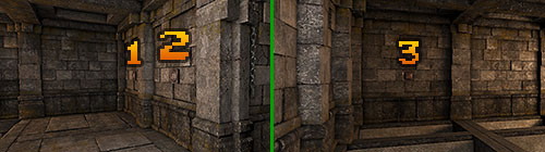 I have marked the buttons on your side with 1 and 2 and the opposite button with 3 - Level 5: Hallways - Walkthrough - Legend of Grimrock - Game Guide and Walkthrough