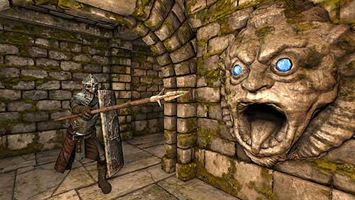 After placing the jewels into the sculpture's sockets (After returning from point 23), the gate will open and you will be immediately attacked by the strongest enemy yet - a Skeleton Warrior - Level 1: Into The Dark - Walkthrough - Legend of Grimrock - Game Guide and Walkthrough