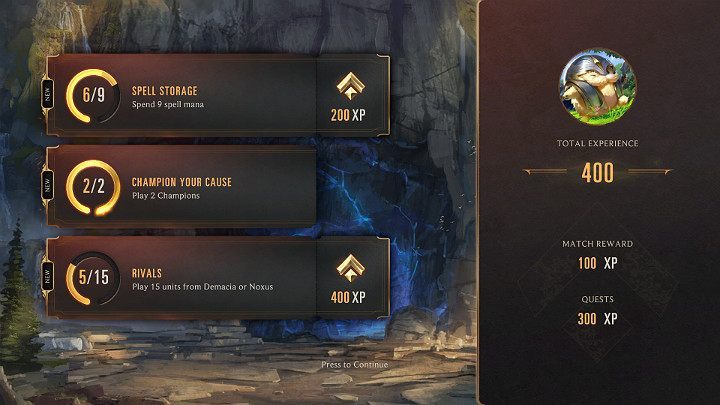 Its also worth mentioning about the possibility of reshuffling a particular quest if its not suitable for you for some reason - Account progression system in Legends of Runeterra - Basics - Legends of Runeterra Guide
