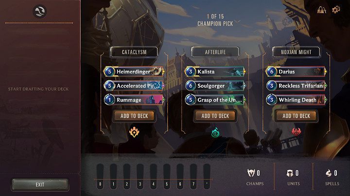 The first two stages of building a deck consist in selecting the appropriate Champions along with 2 other cards that match the specific Region - Expeditions game mode in Legends of Runeterra - Game modes - Legends of Runeterra Guide