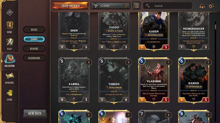 In this tab you will find all cards you have managed to collect - Collection of cards in Legends of Runeterra - Basics - Legends of Runeterra Guide