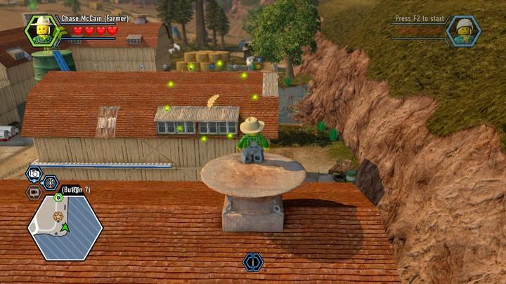 Another function of the disguise is using the chicken in the hat, which works as a parachute. - The Farm | Walkthrough - Chapter 9 - LEGO City: Undercover Game Guide