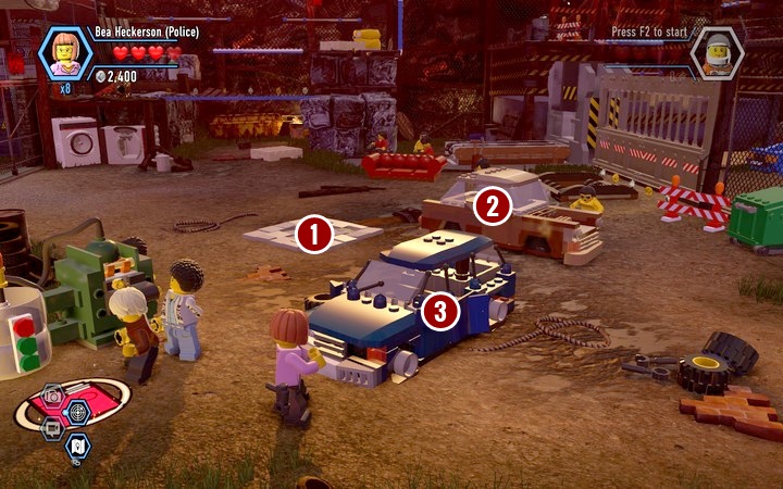 In first order you should drill the floor (1) with a workers hammer - Secrets on the scrapyard | Walkthrough - Chapter 7 - LEGO City: Undercover Game Guide