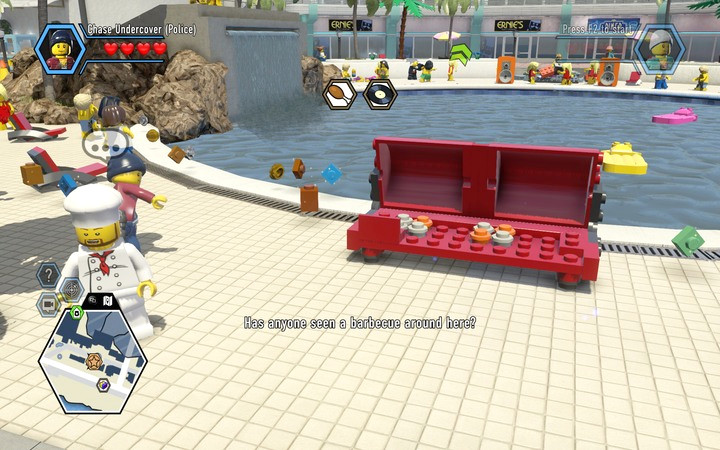 First, build a grill in front of the pool from the available blocks - The Hotel | Chapter 5 - Chapter 5 - LEGO City: Undercover Game Guide