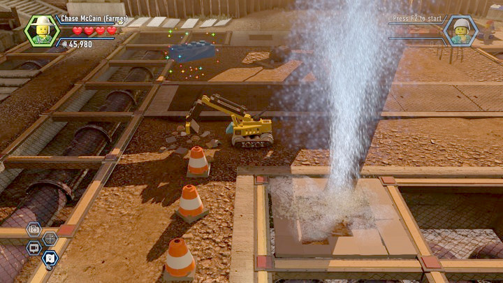 You will obtain one of the bricks by digging it out with the excavator. You obtain the second one by using the water torrent from the underground pipe - Construction site | Chapter 12 | Walkthrough - Chapter 12 - LEGO City: Undercover Game Guide