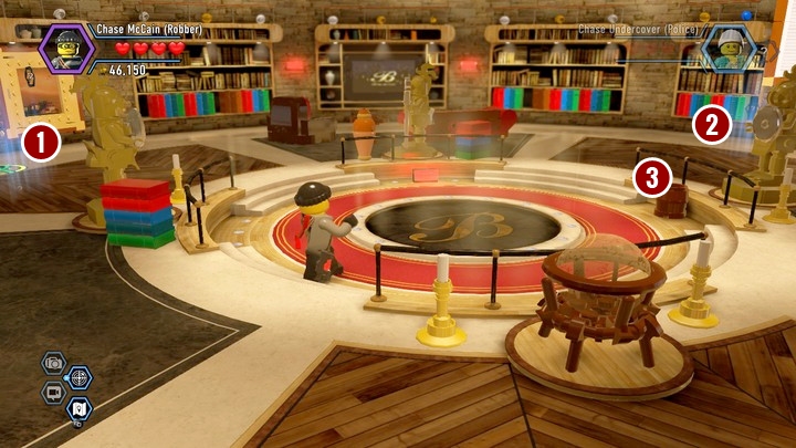 Examine the traces first (1) (there is a hidden one behind a piece of furniture on the right (2)) - Blackwells mansion | Chapter 13 | Walkthrough - Chapter 13 - LEGO City: Undercover Game Guide