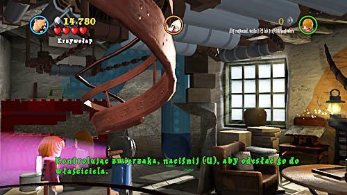 After destroying the wall, switch to Hermione and summon Crookshanks to move through the blue pipe - Harry Potter Years 5-7: Lovegoods Lunacy, part 2 - Year 7 - LEGO Harry Potter Years 5-7 Guide