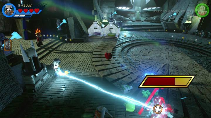 During the battle with the boss you can use Rocket Raccoon and shoot the enemy with electricity - LEGO Marvel 2: Mission 12 - Kree-Search and Development Walkthrough - LEGO Marvel 2: Walkthrough - LEGO Marvel Super Heroes 2 Game Guide