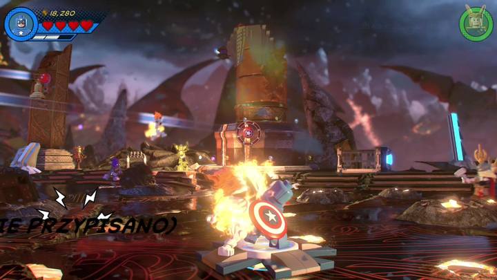 As soon as you avoid his attacks, switch to Captain America and approach the platform presented in the picture - LEGO Marvel 2: Mission 7 - Surtur-n Doom Walkthrough - LEGO Marvel 2: Walkthrough - LEGO Marvel Super Heroes 2 Game Guide