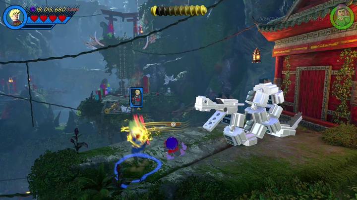 Interact with the debris and fly towards the stone shelf presented in the picture - LEGO Marvel 2: Mission 10 - Kun-Lun Konundrum Secrets - LEGO Marvel 2: Mission secrets - LEGO Marvel Super Heroes 2 Game Guide