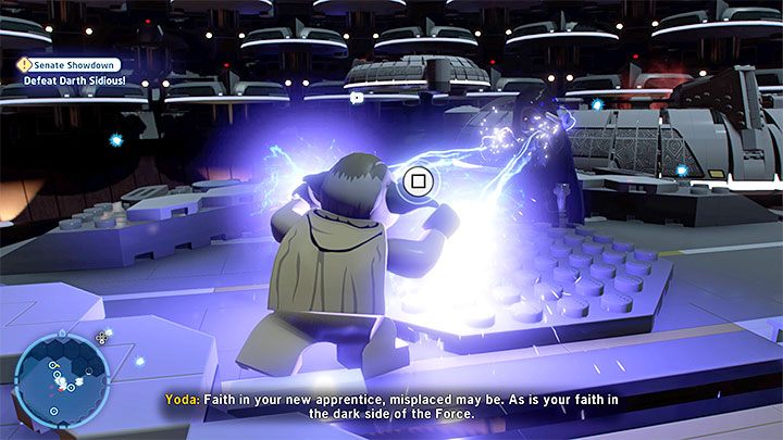 After draining his first health bar out of four Sidious will pull you closer - struggle against him using the Force - LEGO Skywalker Saga: Darth Sidious (Emperor Palpatine) - boss, how to beat? - LEGO Skywalker Saga: Bosses - LEGO Skywalker Saga Guide
