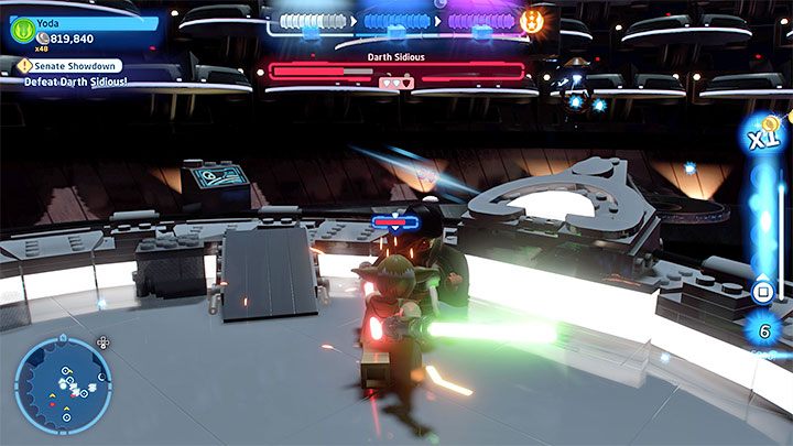 During phase two the arena will change - LEGO Skywalker Saga: Darth Sidious (Emperor Palpatine) - boss, how to beat? - LEGO Skywalker Saga: Bosses - LEGO Skywalker Saga Guide