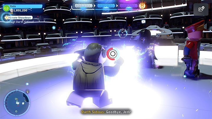 Eventually he'll pull you into yet another QTE, identical to the previous one - rhytmically press the displayed button to struggle against Sidious and finish the fight - LEGO Skywalker Saga: Darth Sidious (Emperor Palpatine) - boss, how to beat? - LEGO Skywalker Saga: Bosses - LEGO Skywalker Saga Guide