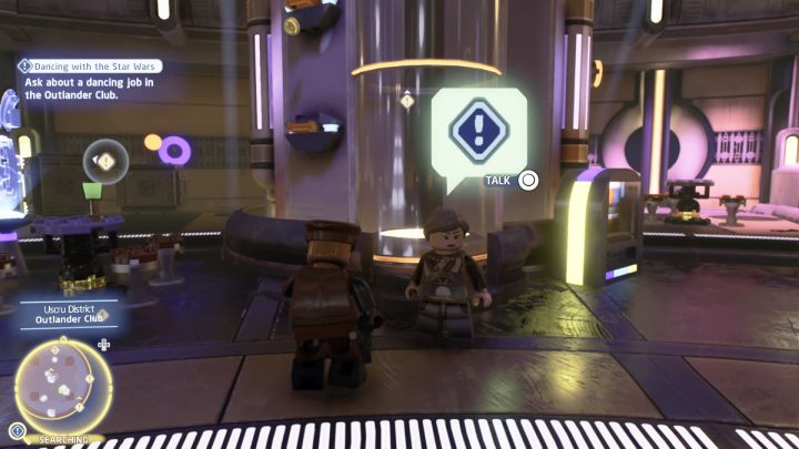While controlling Han Solo from episode 7, talk to the quest giver at the Outlander Club in Uscru - LEGO Skywalker Saga: Dancing with the Star Wars - walkthrough - LEGO Skywalker Saga: Coruscant - Uscru district - LEGO Skywalker Saga Guide