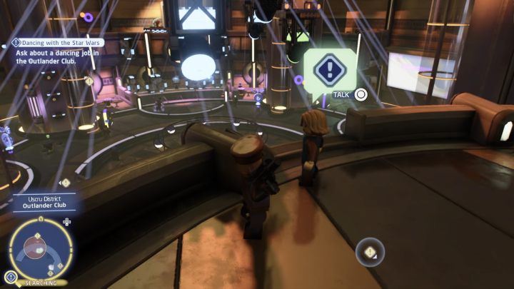 Use the handles to get to the higher level and talk to the club employee - LEGO Skywalker Saga: Dancing with the Star Wars - walkthrough - LEGO Skywalker Saga: Coruscant - Uscru district - LEGO Skywalker Saga Guide