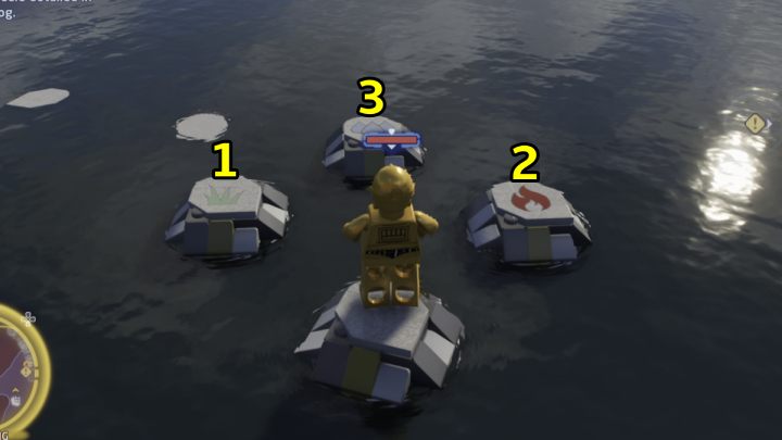 When new stones come out of the water, jump across them in the following order - LEGO Skywalker Saga: Water Stones - walkthrough - LEGO Skywalker Saga: Takodana - Maz Castle - LEGO Skywalker Saga Guide