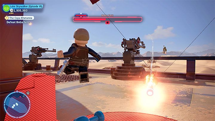 In the second part of the duel, Boba Fett will start flying around the barge - LEGO Skywalker Saga: Boba Fett - boss, how to defeat? - LEGO Skywalker Saga: Bosses - LEGO Skywalker Saga Guide