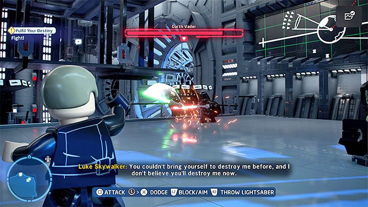 The boss is vulnerable to lightsaber throws, which let you hit him from a safe distance - LEGO Skywalker Saga: Darth Vader & Emperor Palpatine - boss, how to beat? - LEGO Skywalker Saga: Bosses - LEGO Skywalker Saga Guide