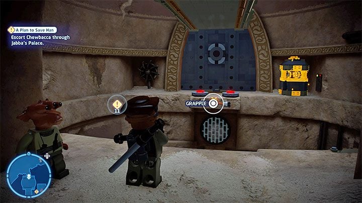 In the next area, pull yourself to the hook visible in the distance and destroy the golden object on the right - LEGO Skywalker Saga: A Plan to Save Han - walkthrough - LEGO Skywalker Saga: Episode 6 - Return of the Jedi - LEGO Skywalker Saga Guide