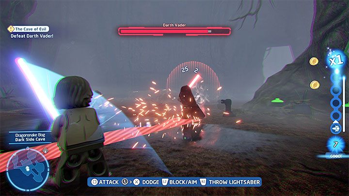 While attacking Vader, watch out for his stronger attacks, symbolized by red lines and circles - LEGO Skywalker Saga: Darth Vader - boss, how to beat? - LEGO Skywalker Saga: Bosses - LEGO Skywalker Saga Guide