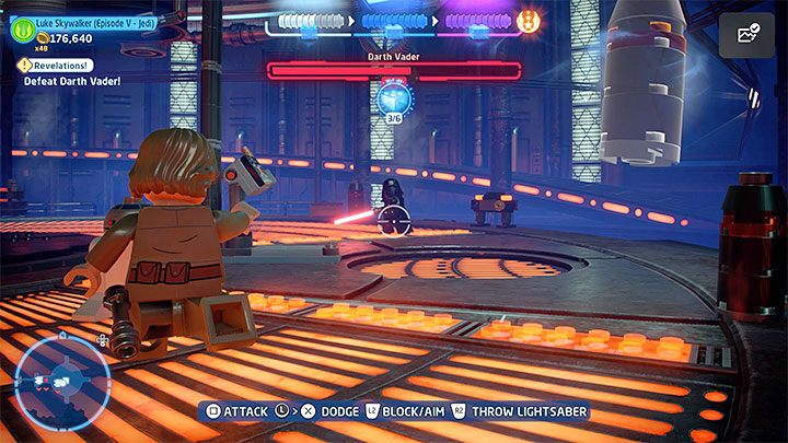 The best way to weaken the boss is to throw the lightsaber (note - in the first phase of the fight, there may be an aiming bug, meaning you would have to use the regular attacks) - LEGO Skywalker Saga: Darth Vader - boss, how to beat? - LEGO Skywalker Saga: Bosses - LEGO Skywalker Saga Guide