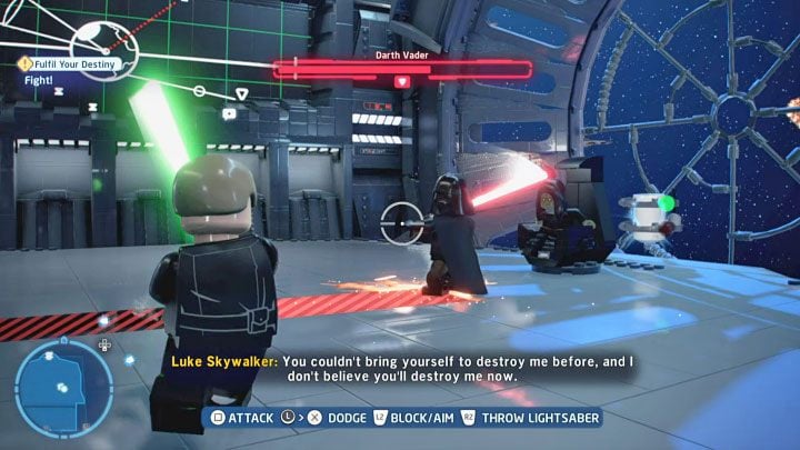 During the fight proper watch out for the red lines and circles which indicate where Vader will strike - LEGO Skywalker Saga: Fulfill Your Destiny - walkthrough - LEGO Skywalker Saga: Episode 6 - Return of the Jedi - LEGO Skywalker Saga Guide