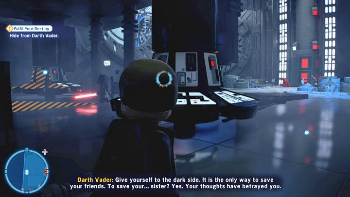 After the QTEs you'll find yourself in a dark area you must leave without letting Vader see you - stay far away from his visibility cone - LEGO Skywalker Saga: Fulfill Your Destiny - walkthrough - LEGO Skywalker Saga: Episode 6 - Return of the Jedi - LEGO Skywalker Saga Guide