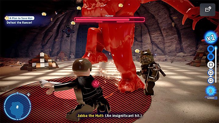 During this fight, watch out for the red lines and circles that symbolize all the heavy attacks, incl - LEGO Skywalker Saga: Rancor - boss, how to defeat? - LEGO Skywalker Saga: Bosses - LEGO Skywalker Saga Guide