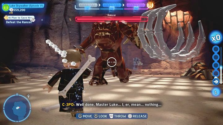 Consider using the Force to attack Rancor - pick up some nearby objects and throw them at the boss - LEGO Skywalker Saga: Rancor - boss, how to defeat? - LEGO Skywalker Saga: Bosses - LEGO Skywalker Saga Guide