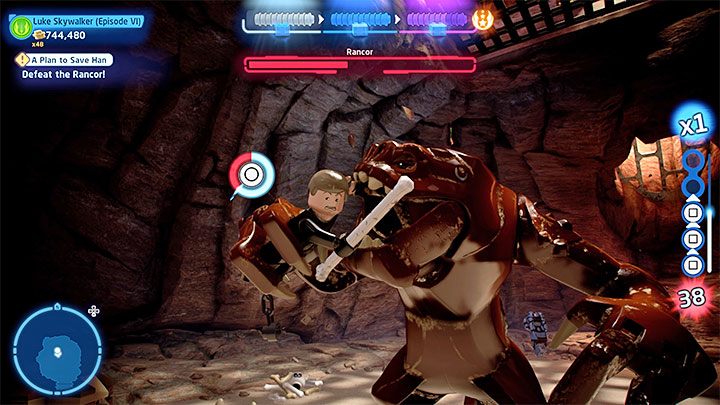 The unique feature of this boss fight is that Rancor can grab heroes - you can't free yourself - LEGO Skywalker Saga: Rancor - boss, how to defeat? - LEGO Skywalker Saga: Bosses - LEGO Skywalker Saga Guide