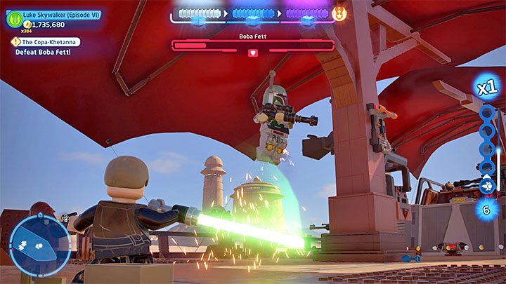 This stage consists of several parts, and at the beginning you will face a boss fight with Boba Fett - LEGO Skywalker Saga: The Copa-Khetanna - walkthrough - LEGO Skywalker Saga: Episode 6 - Return of the Jedi - LEGO Skywalker Saga Guide