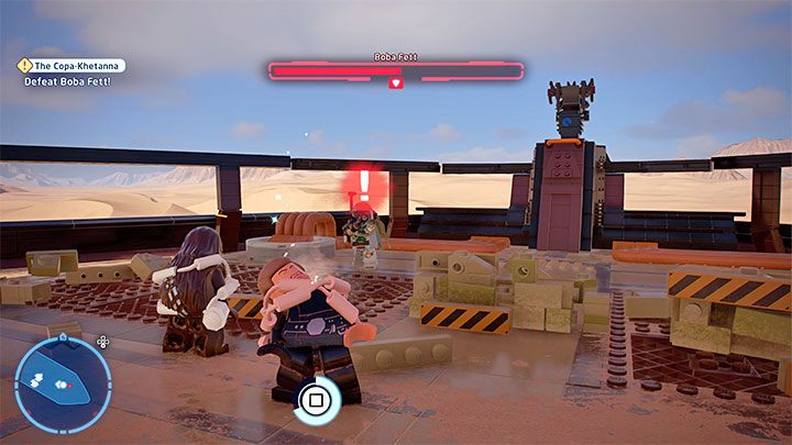 The boss uses a blaster and can also stop the hero in their position - in such case, quickly press the button visible on the screen to free yourself - LEGO Skywalker Saga: The Copa-Khetanna - walkthrough - LEGO Skywalker Saga: Episode 6 - Return of the Jedi - LEGO Skywalker Saga Guide