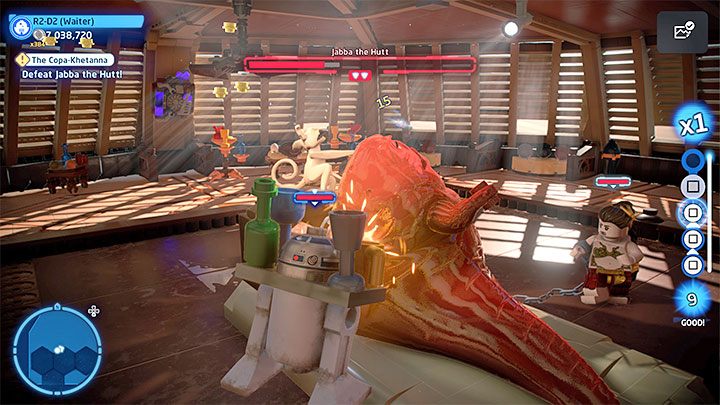 The fight will be easier when playing as R2-D2, because the droid has full freedom to move around the cabin - LEGO Skywalker Saga: The Copa-Khetanna - walkthrough - LEGO Skywalker Saga: Episode 6 - Return of the Jedi - LEGO Skywalker Saga Guide